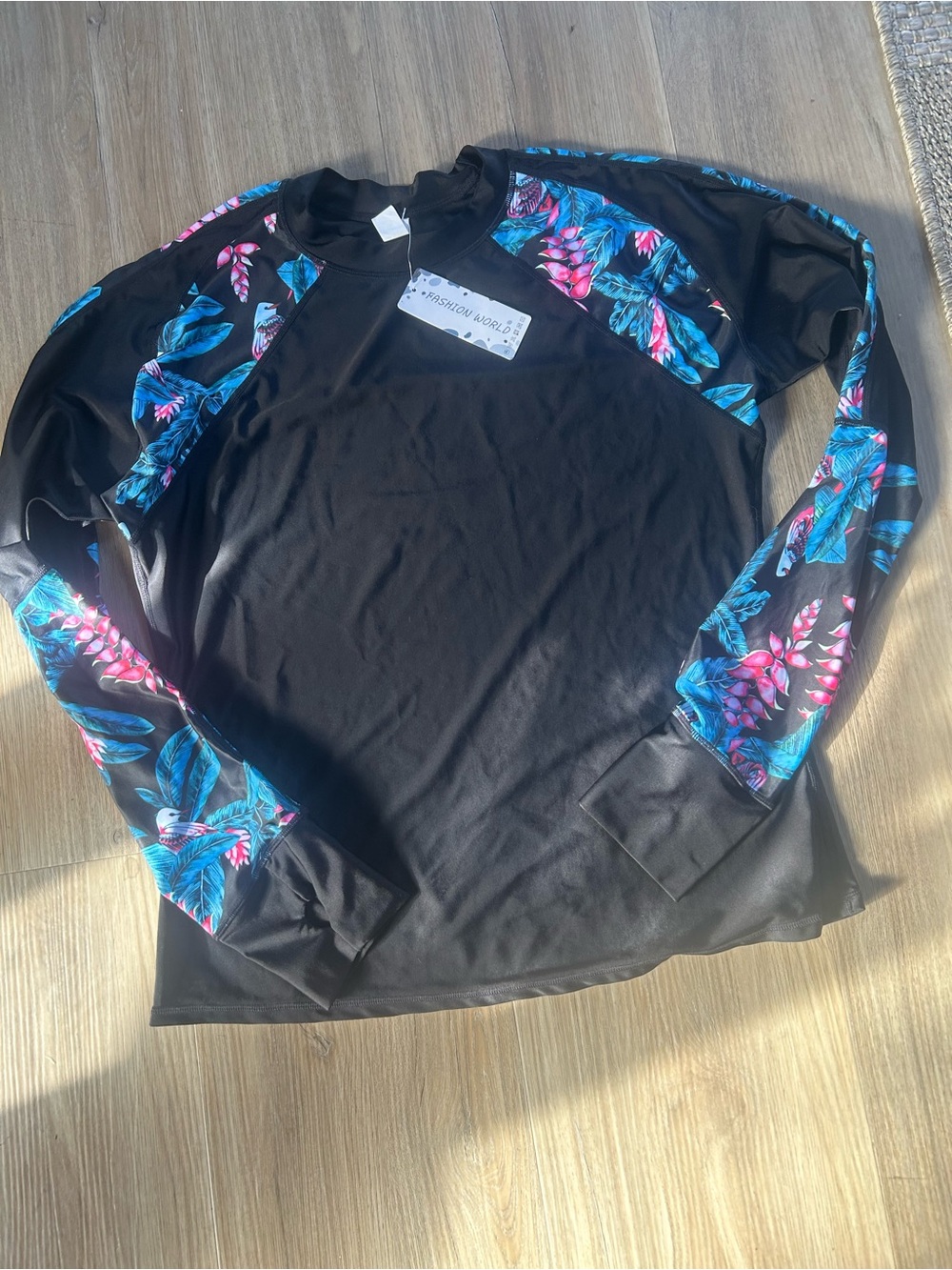 Fashion Women’s Long-sleeve Rash Guard with Blue & Pink Floral Panels